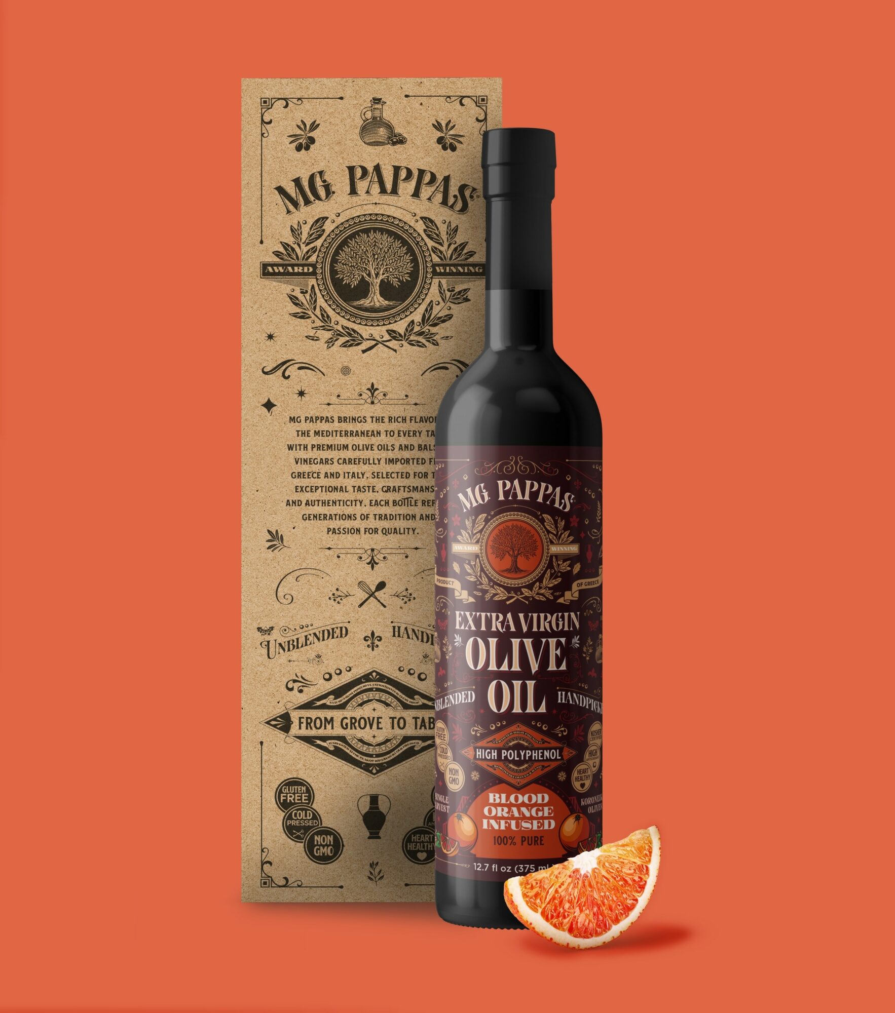 Bottle of extra virgin olive oil with a grapefruit slice in front, and a beige box behind on an orange background.