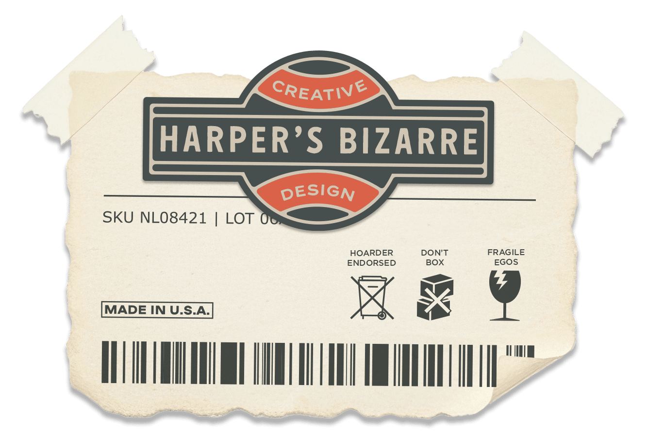 Torn paper label with text and barcode, featuring a black background and red, gray, and white design elements.