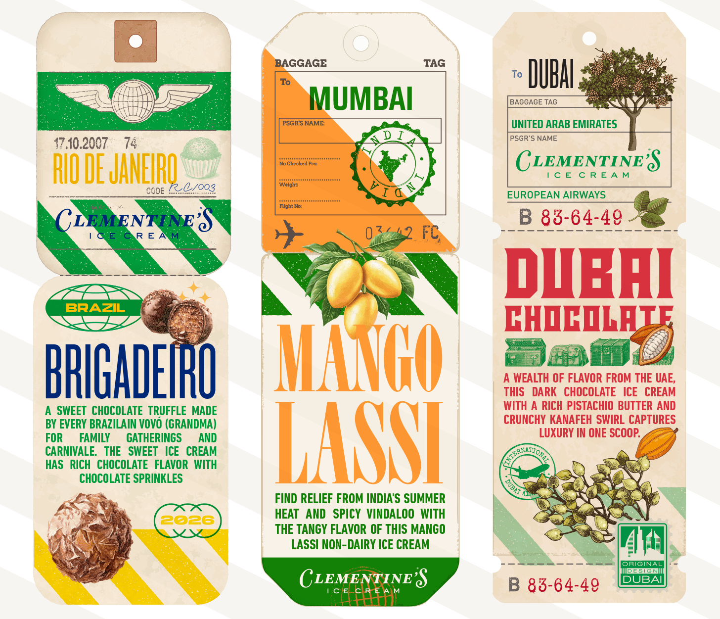 Six luggage tags with various designs, including green, orange, and red colors, featuring logos, text, and images of fruits and a tree.