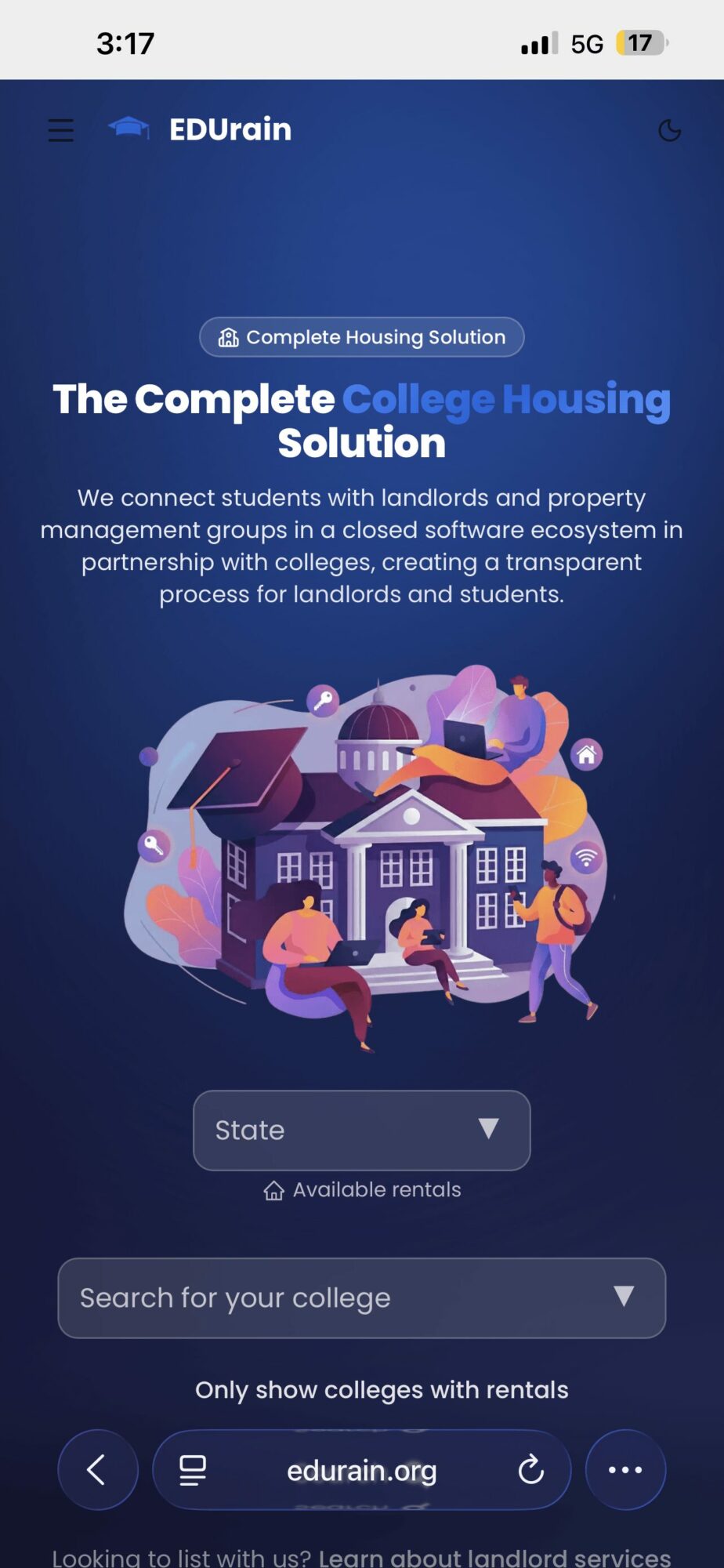 Screen showing a housing platform with buildings, people, and search options for colleges and rentals.