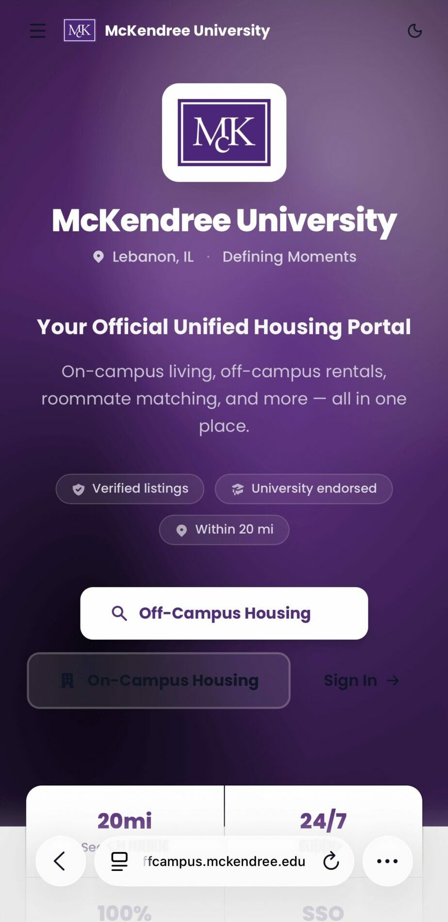 McKendree University housing portal screen with logo, search bar, and information about off-campus housing, 20 words.