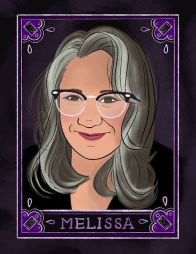Portrait of a woman with gray hair and glasses, smiling, with a purple decorative border and the name MELISSA at the bottom.