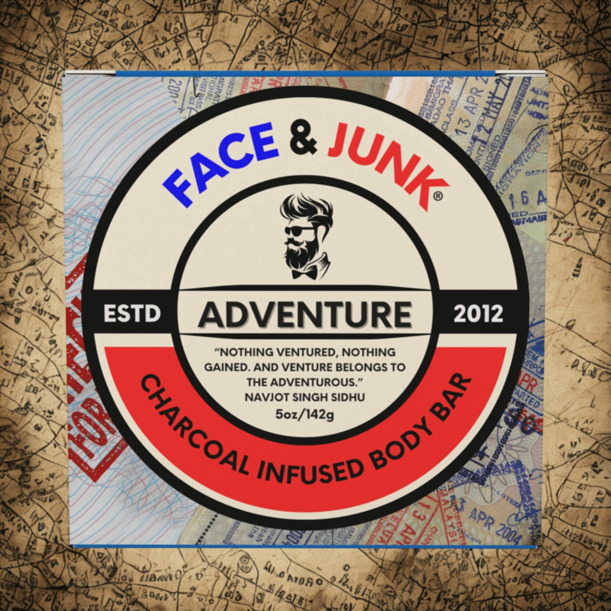 Circular label with text and a graphic of a man's face, featuring blue, red, black, and white colors, on a background of old maps and documents.