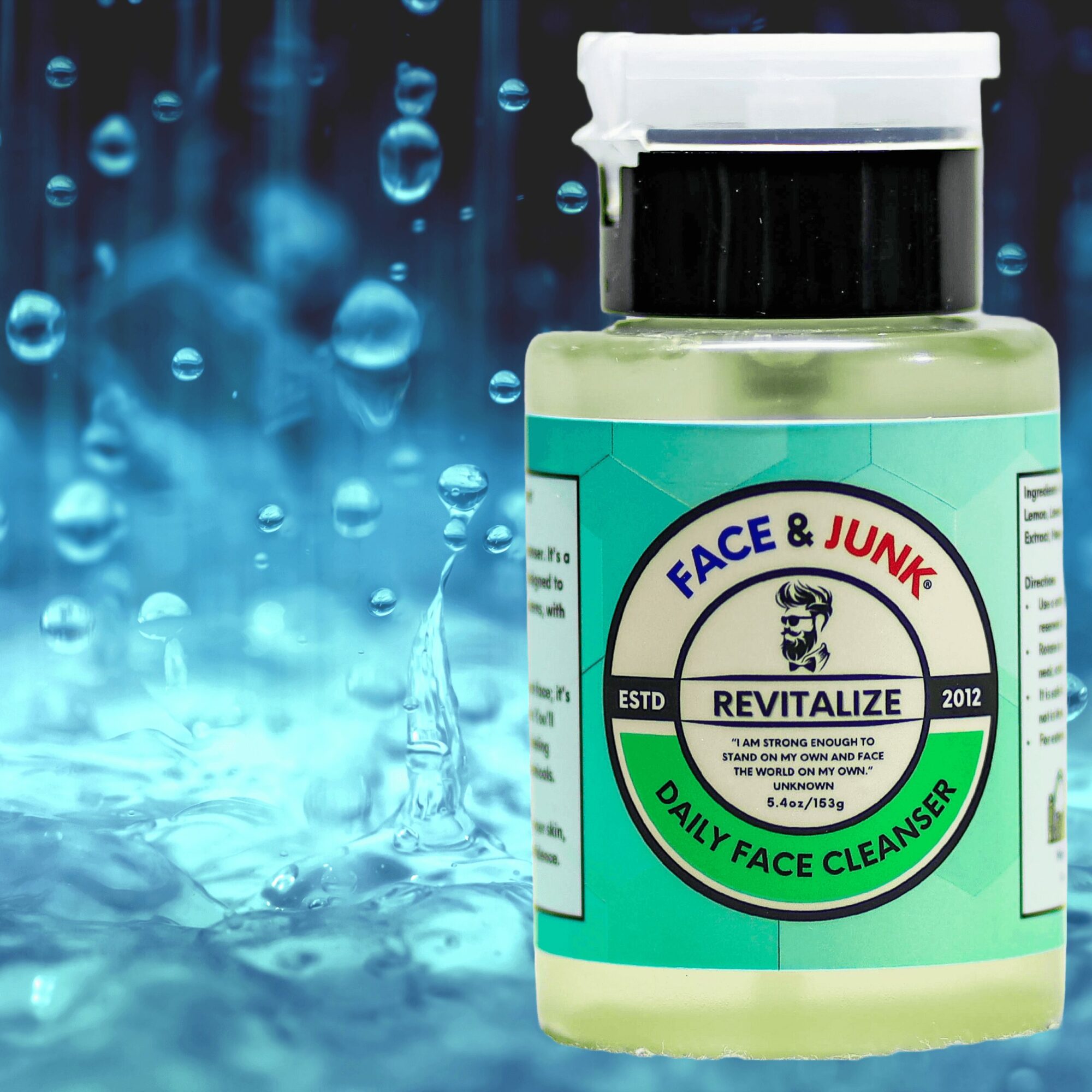 Bottle of face cleanser with a blue background and water droplets, label reads 'Revitalize Daily Face Cleanser'.