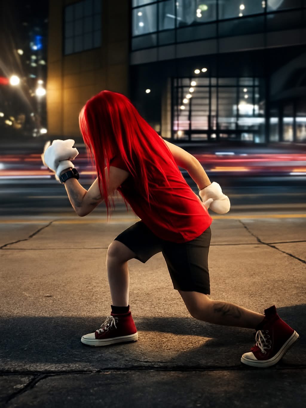 Person with red hair in a red shirt and black shorts crouches on city street at night, with buildings and lights behind.