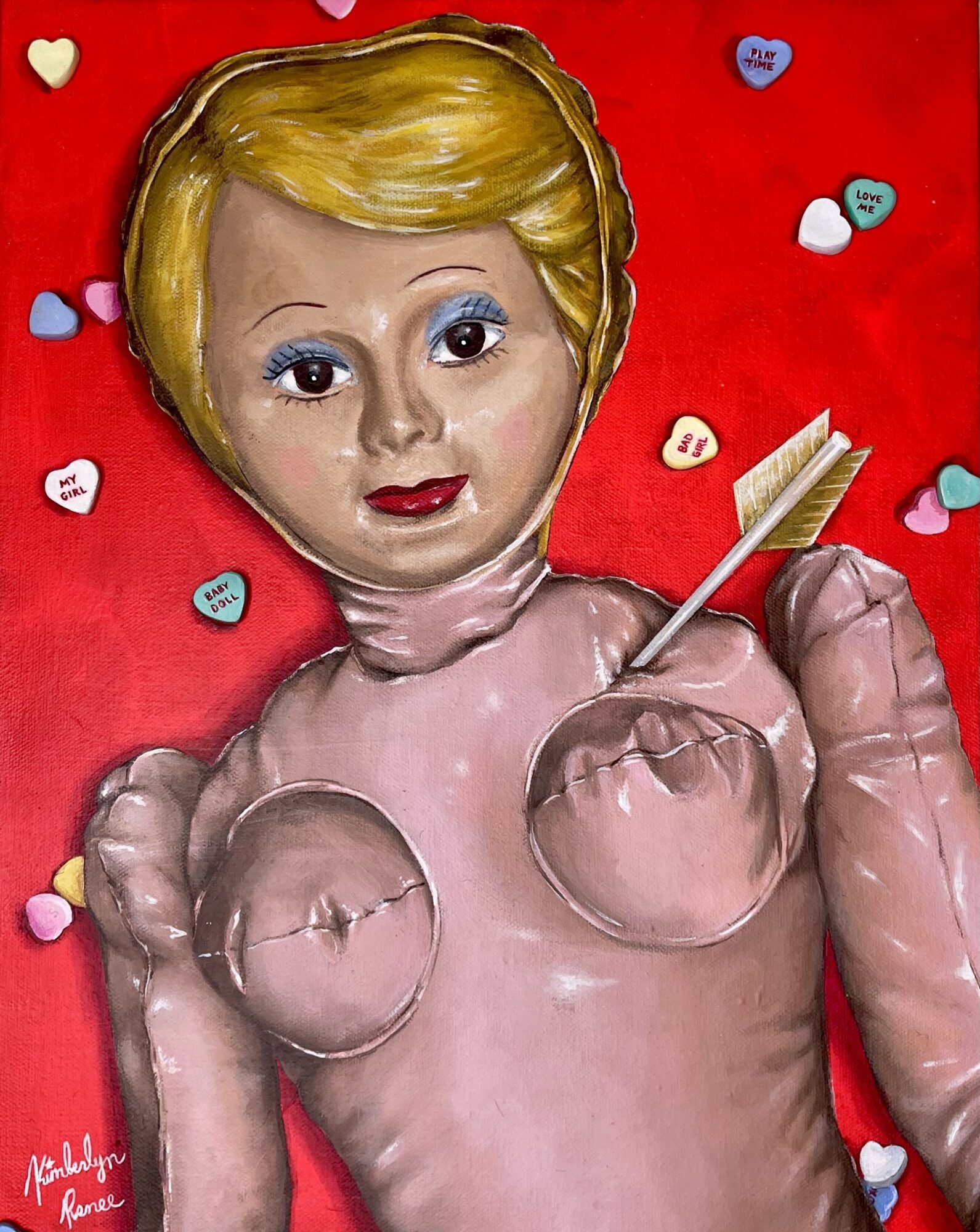 Painting of a doll with blonde hair, pink dress, and an arrow in its chest, surrounded by colorful heart-shaped confetti on red background.