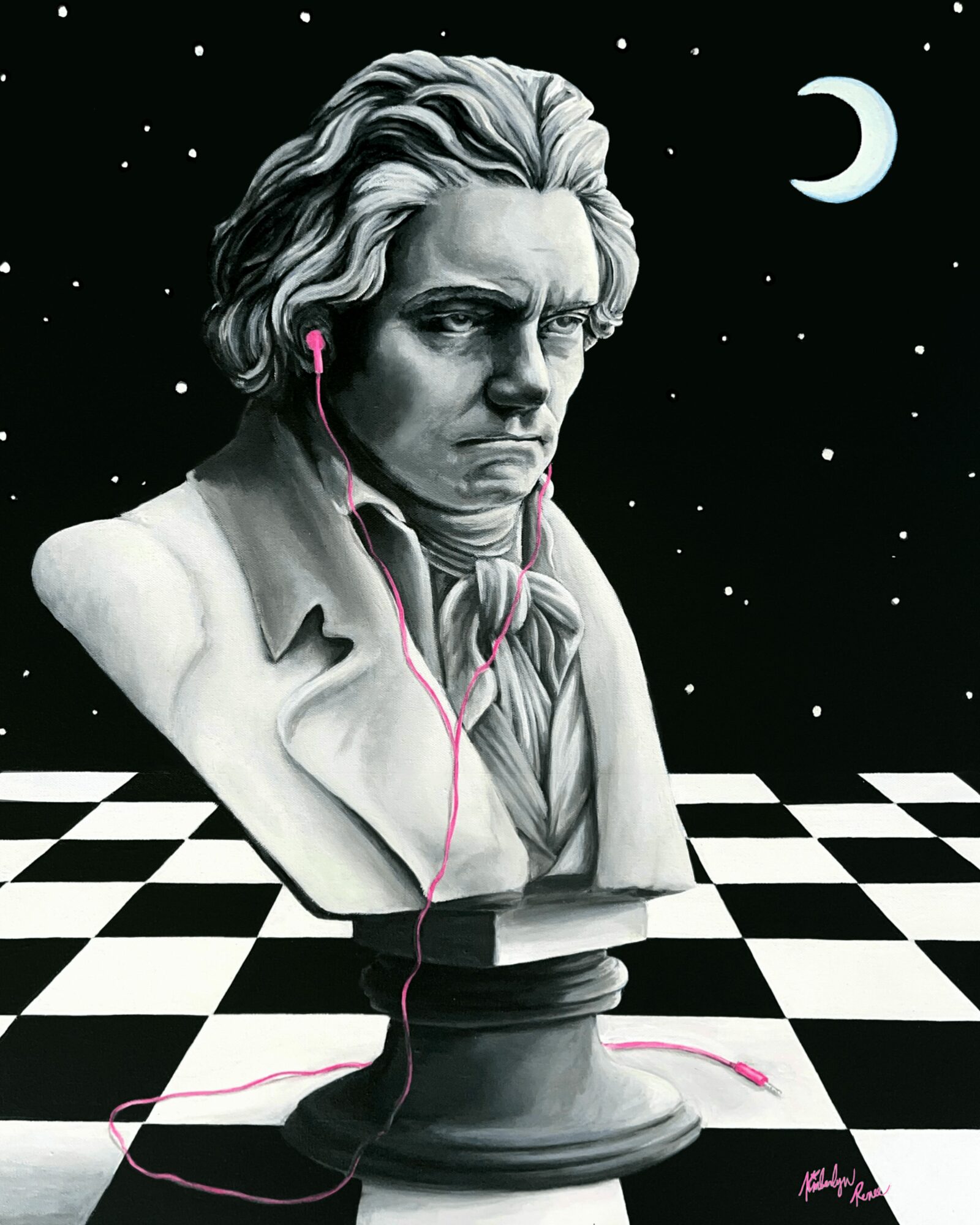 Bust of a man with headphones, set against a starry night sky with a crescent moon, on a checkered floor.