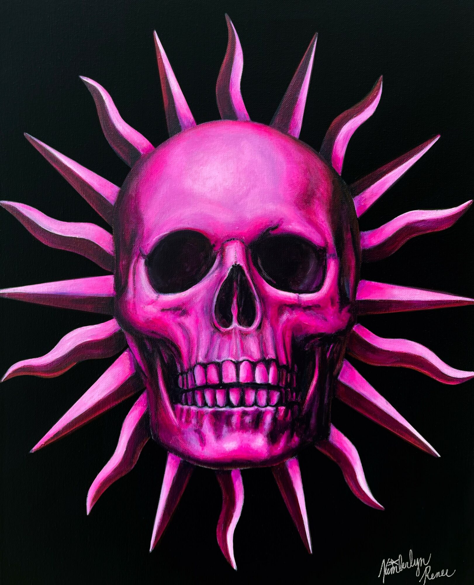 Pink skull with black eye sockets and teeth, surrounded by pink spikes radiating outward, on a black background.