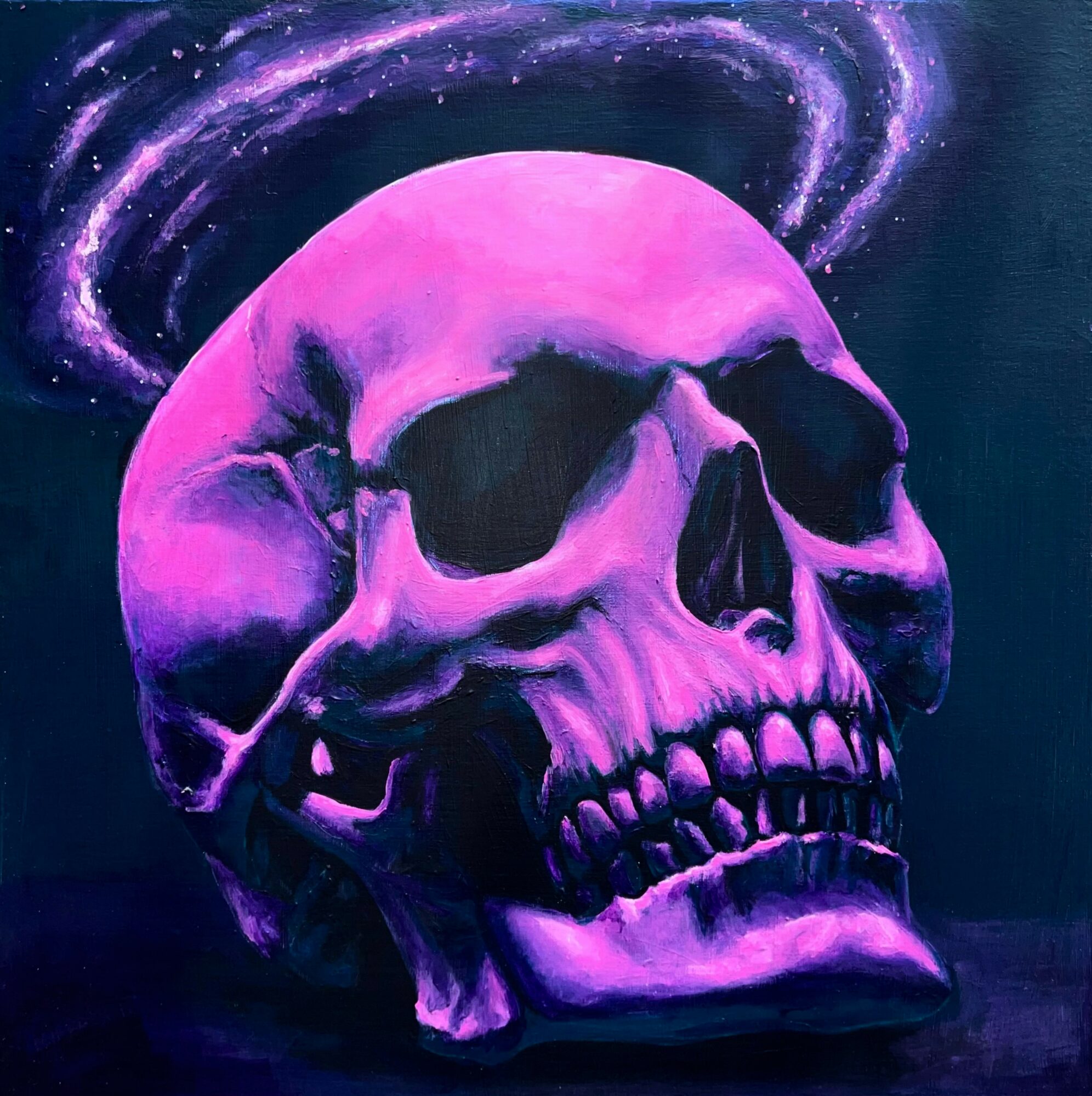 A purple skull with a galaxy halo above it, set against a dark background.