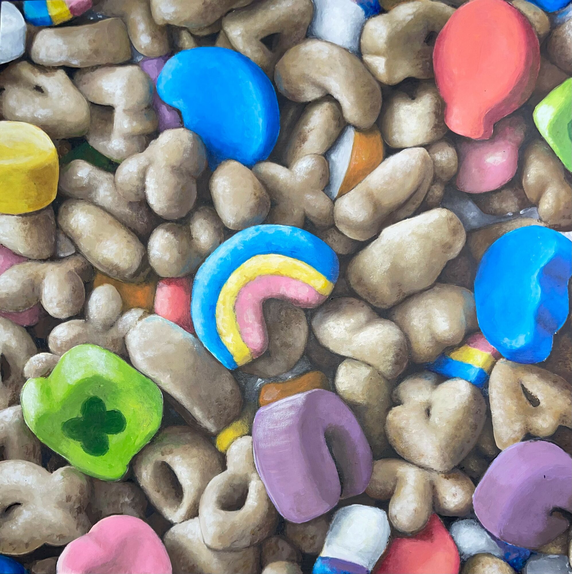 Colorful candy-coated cereal pieces and rainbow-shaped candies mixed together, with various colors including blue, pink, green, purple, and yellow.