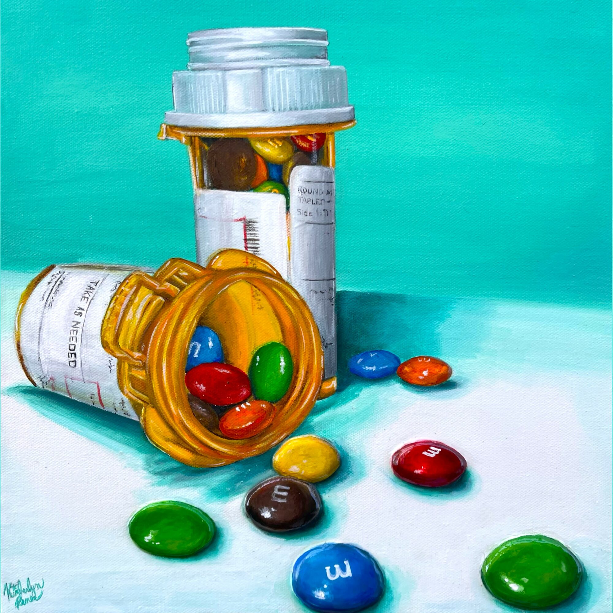 Open pill bottle with colorful pills spilling onto surface, with additional bottles in background, against teal background.