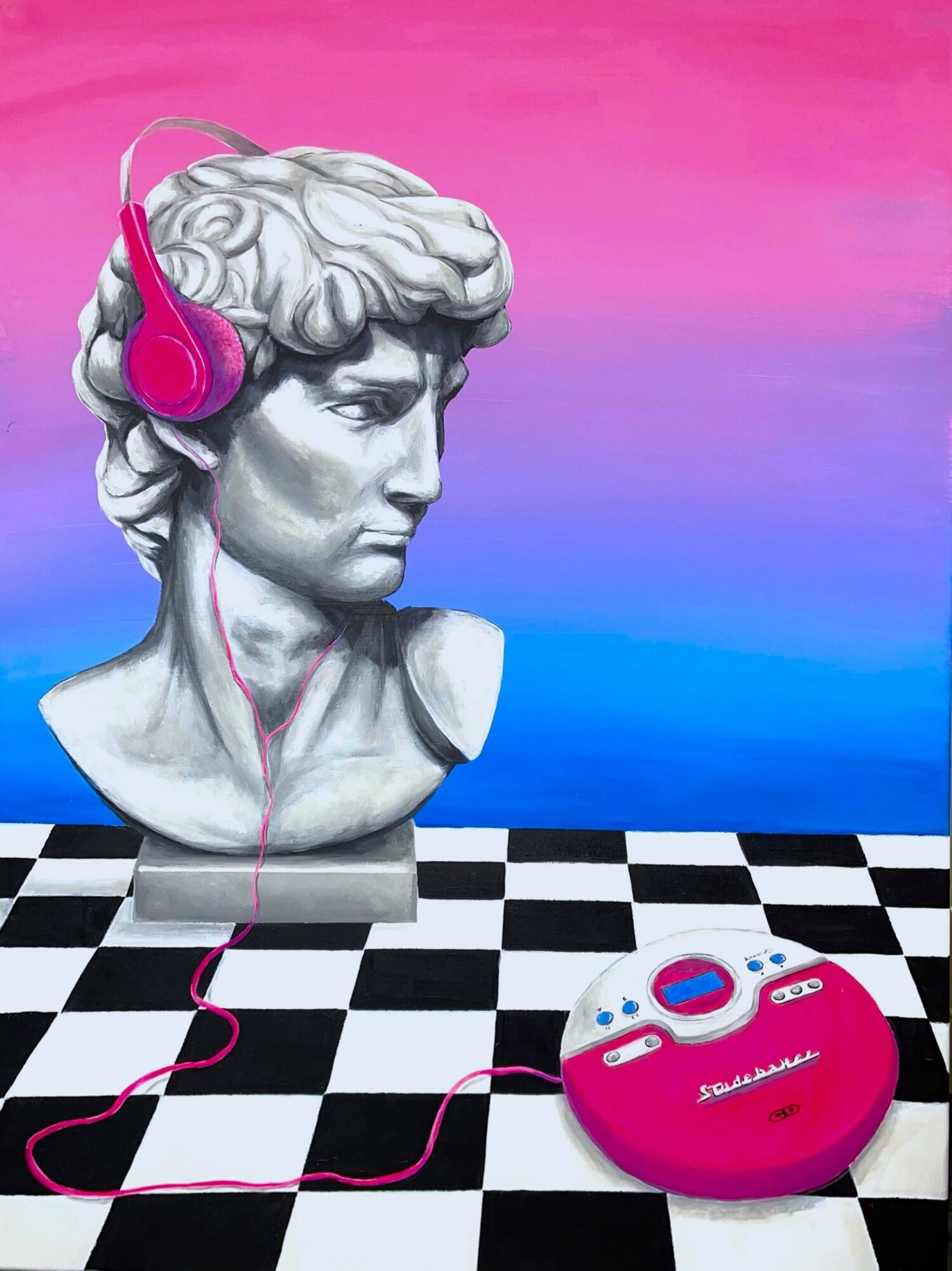 Bust of a classical sculpture wearing pink headphones, with a pink portable music player on a checkered surface, pink and blue background.