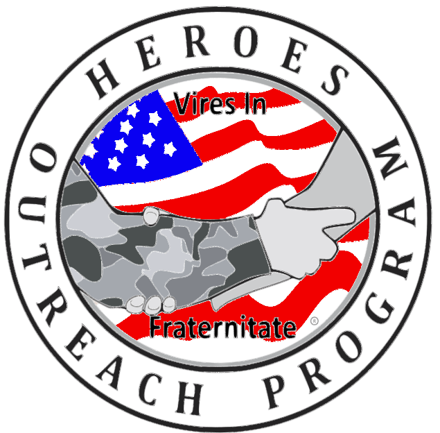 A circular emblem with a handshake, American flag background, and text reading 'HEROES OUTREACH PROGRAM' and 'Vires In Fraternitate'.