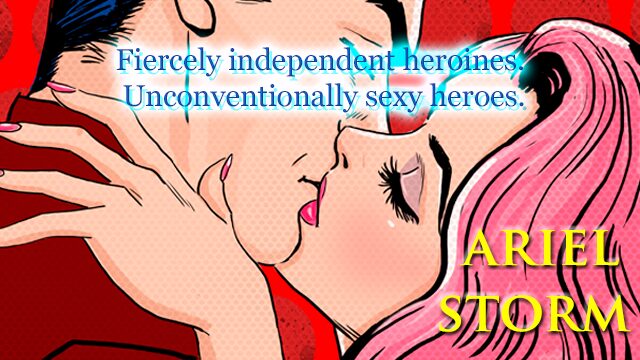 Two women about to kiss, one with dark hair and the other with pink hair, with text describing heroines and a name.