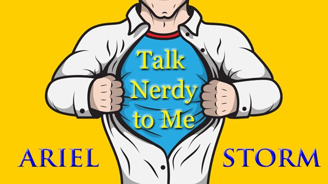 Person opening shirt revealing a superhero costume with text, yellow background, names Ariel and Storm, 20 words
