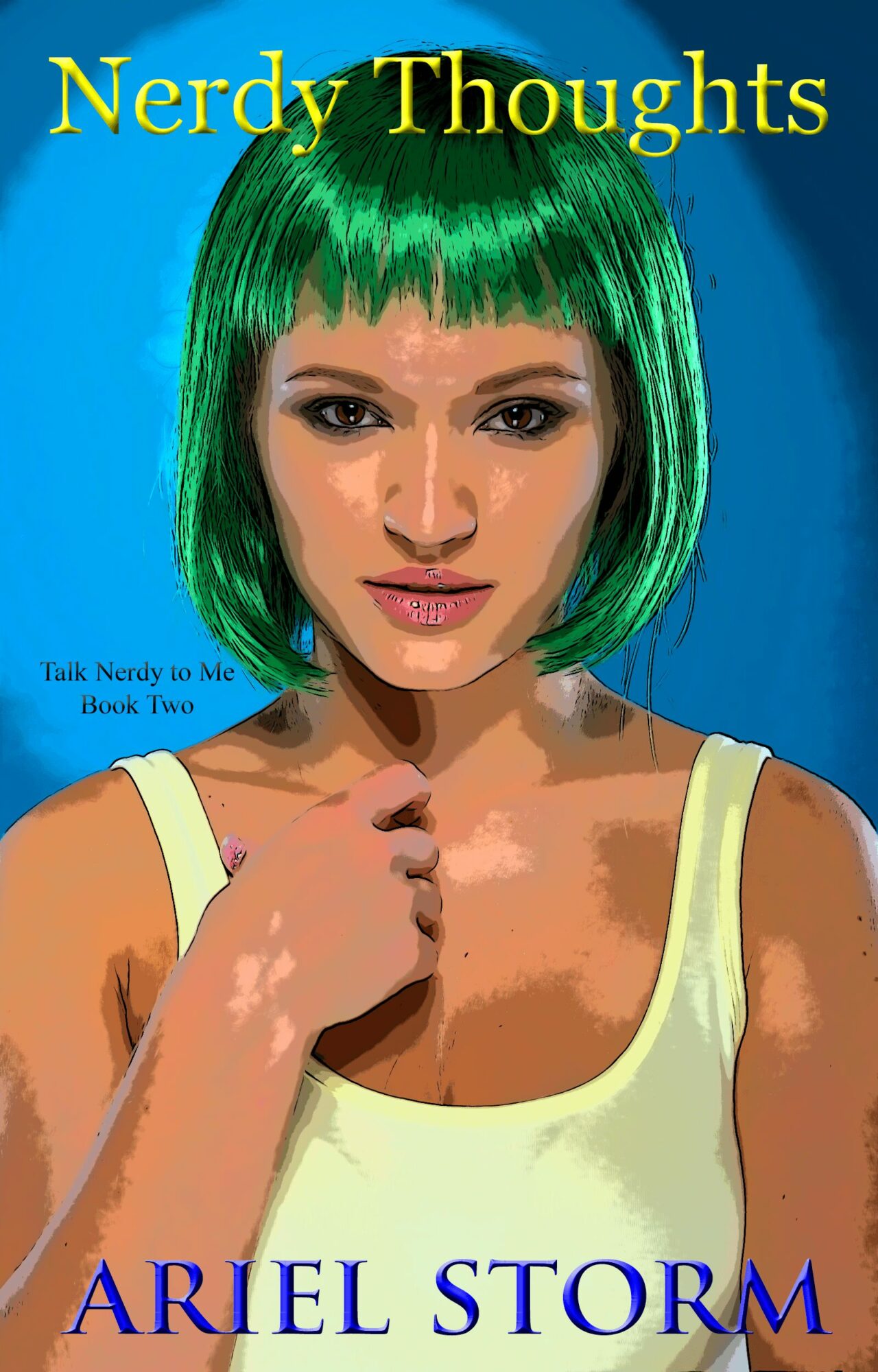 Book cover featuring a woman with short green hair, wearing a yellow top, against a blue background.