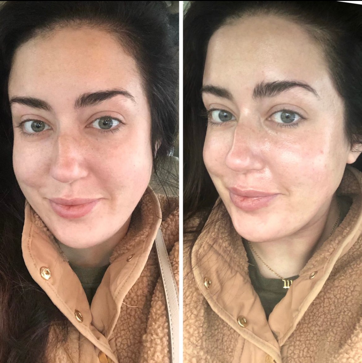 Side-by-side images of a woman with dark hair, wearing a tan jacket, smiling with natural makeup, looking at the camera.