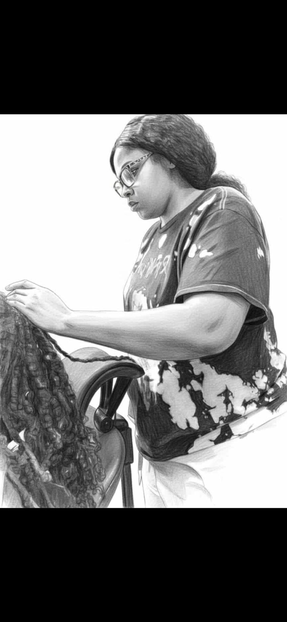 Woman with glasses and curly hair, wearing a patterned shirt, interacts with a person with long hair, in black and white.