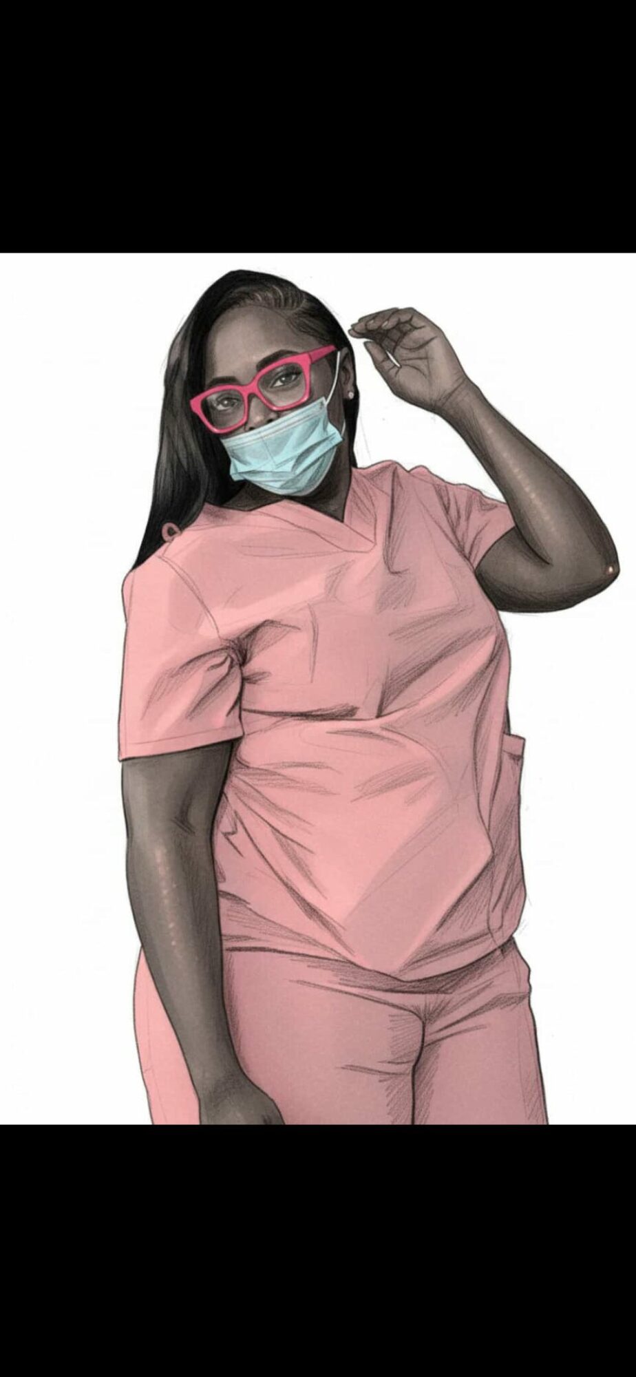 Woman wearing pink glasses and a face mask, adjusting her glasses, in pink medical scrubs.