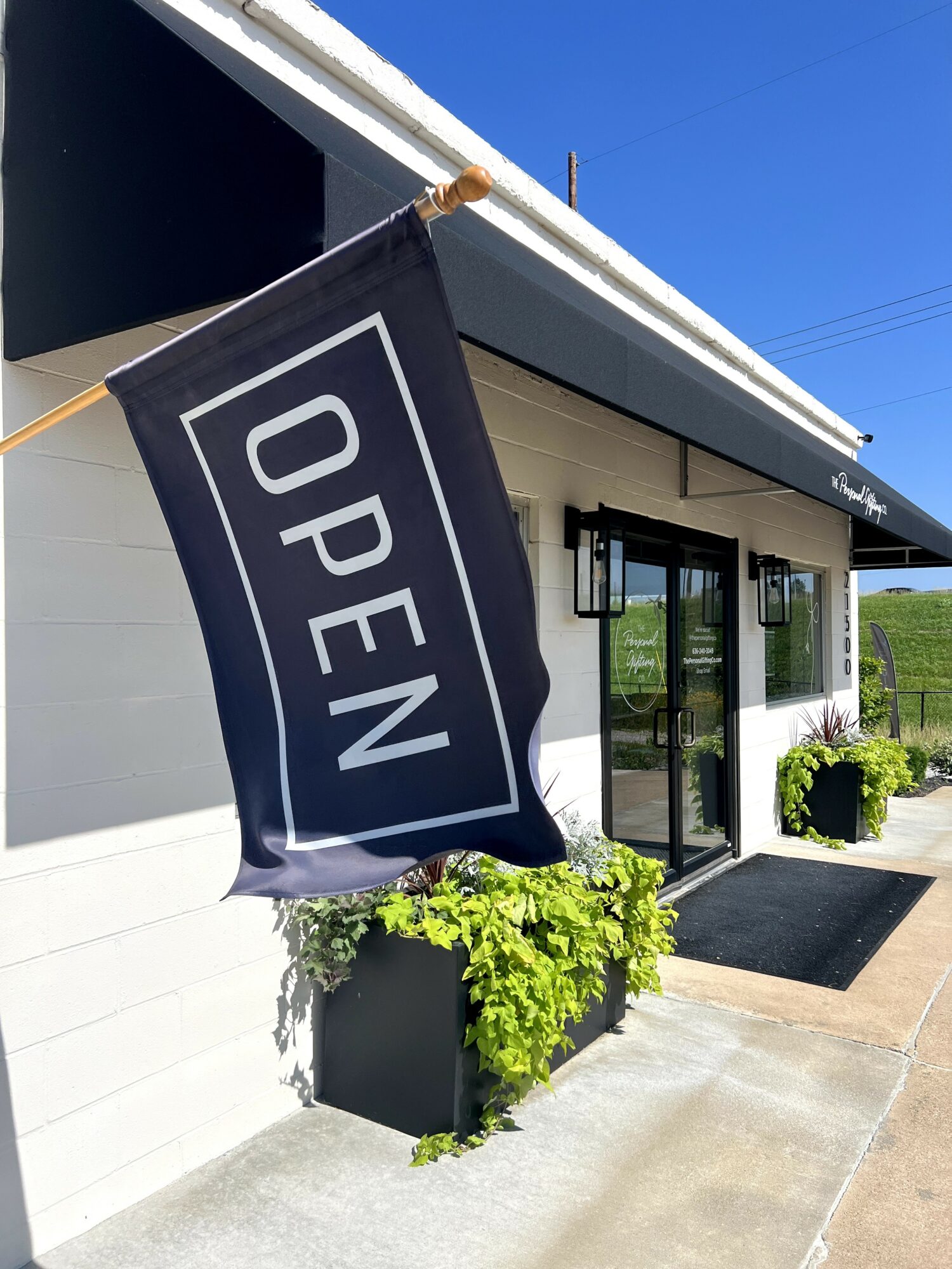 Store entrance with an open sign flag, glass door, and potted plants outside, under a blue sky.
