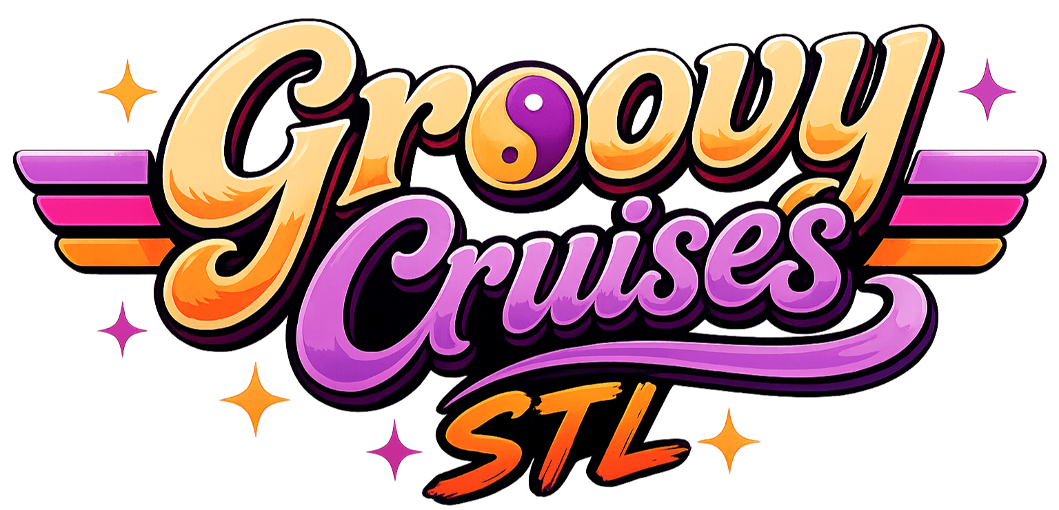 Colorful logo with stylized text 'Groovy Cruises STL' and decorative stars and lines.