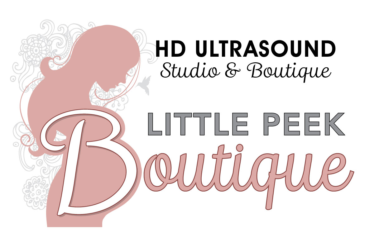 Logo with a silhouette of a woman, text for a boutique and ultrasound studio, and decorative elements.