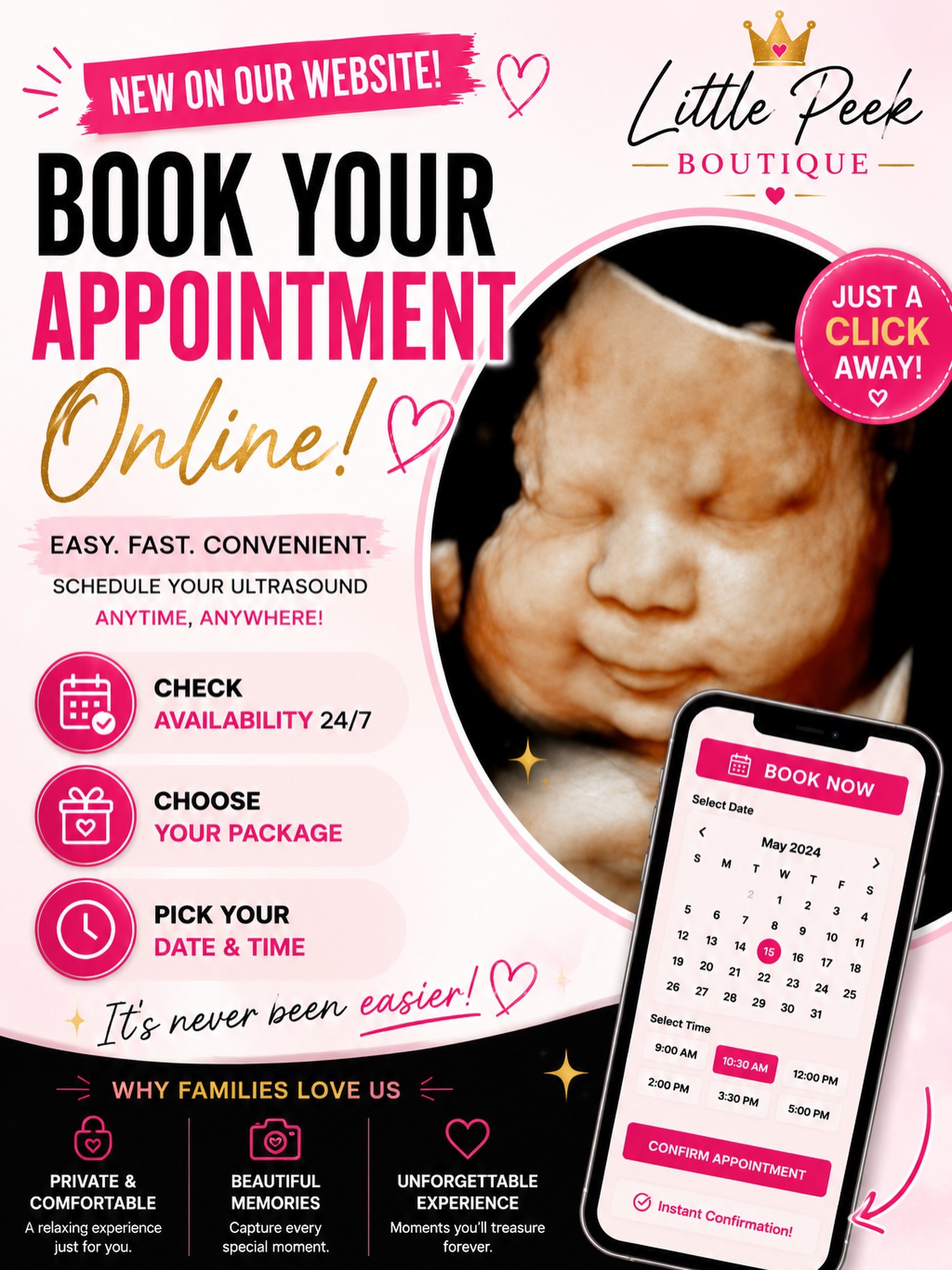 Promotional flyer for Little Peek Boutique encouraging online appointment booking with a phone displaying scheduling options, pink and black text, and a blurred background image.
