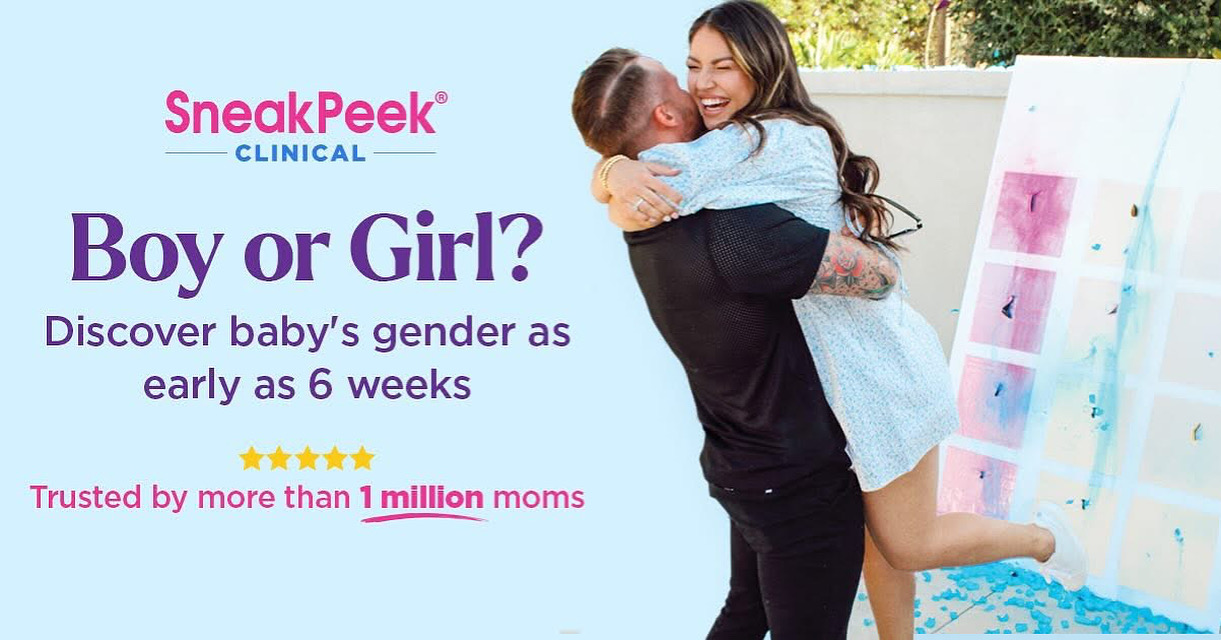 Mother hugging a child indoors with a colorful chart in the background, promoting early gender discovery at 6 weeks.