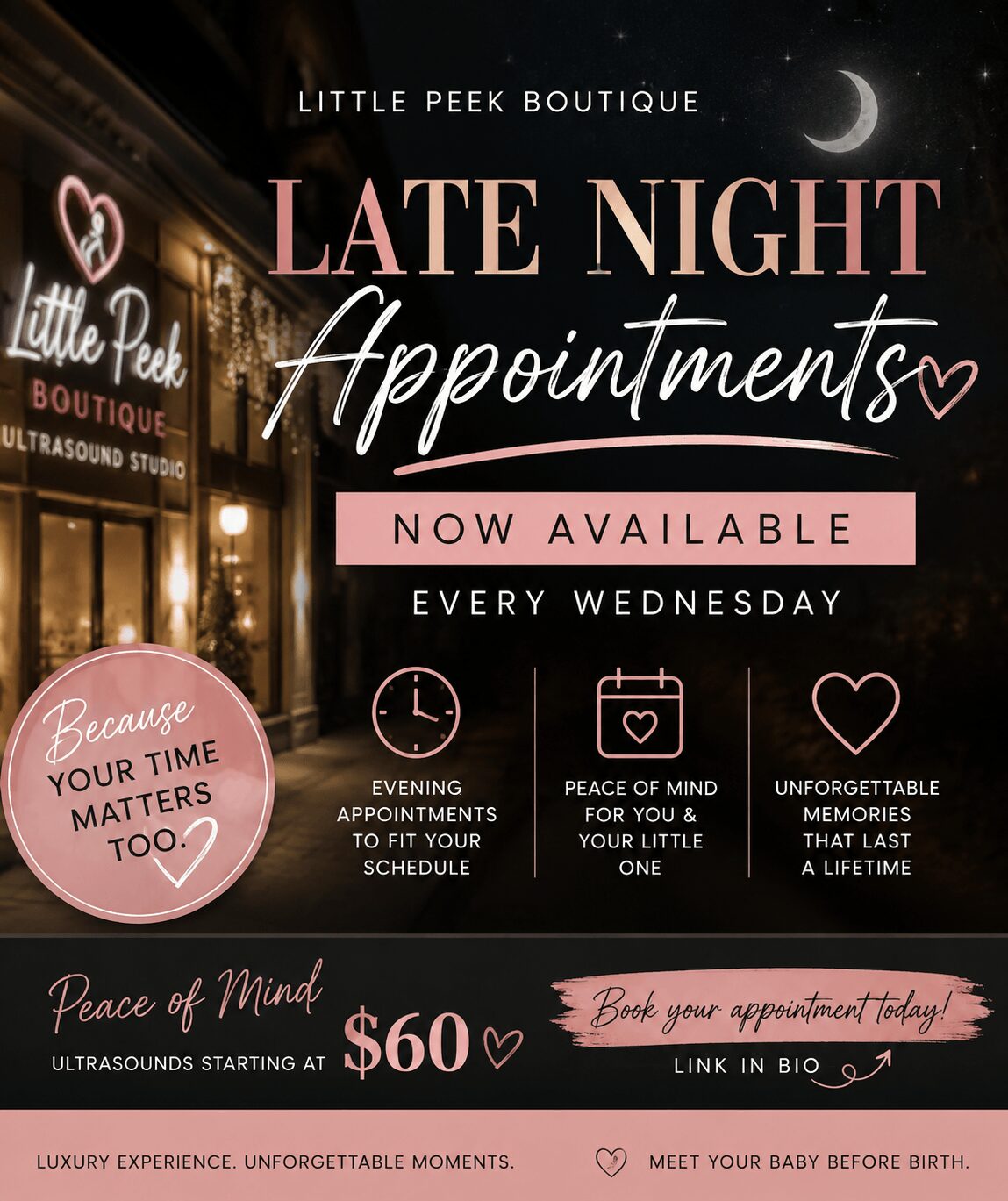 Storefront with neon sign, crescent moon, and promotional text for late night appointments every Wednesday.
