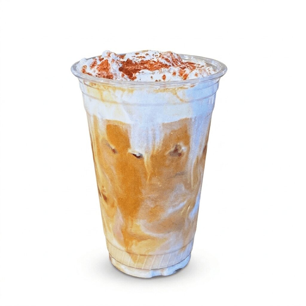 A cold beverage in a clear plastic cup with ice, topped with whipped cream and sprinkled with cinnamon or cocoa powder.