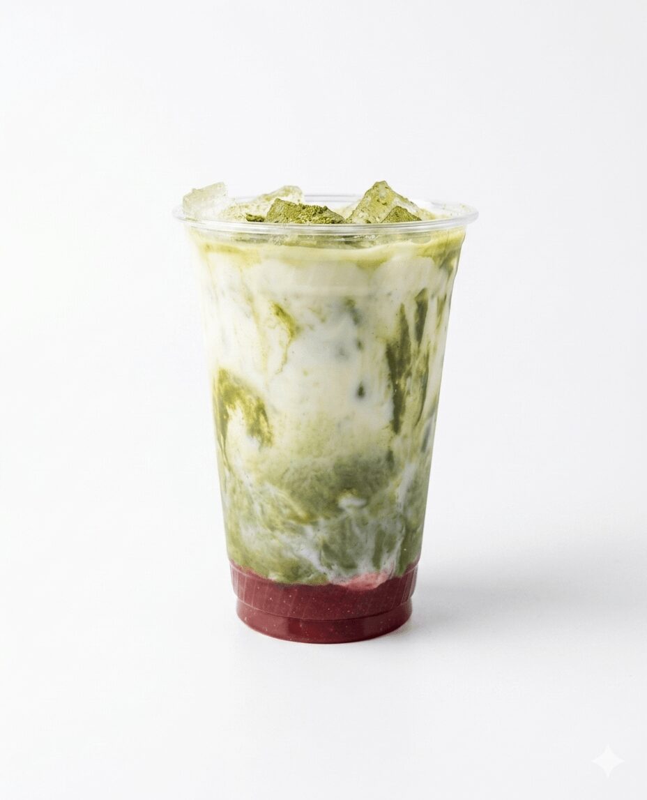 A layered drink with green and white swirls topped with ice, in a clear plastic cup against a white background.