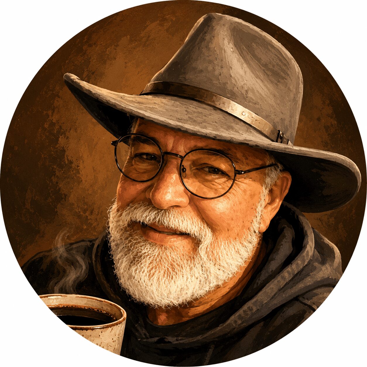 Older man with glasses, gray beard, wearing a wide-brimmed hat, smiling, holding a cup, warm background.