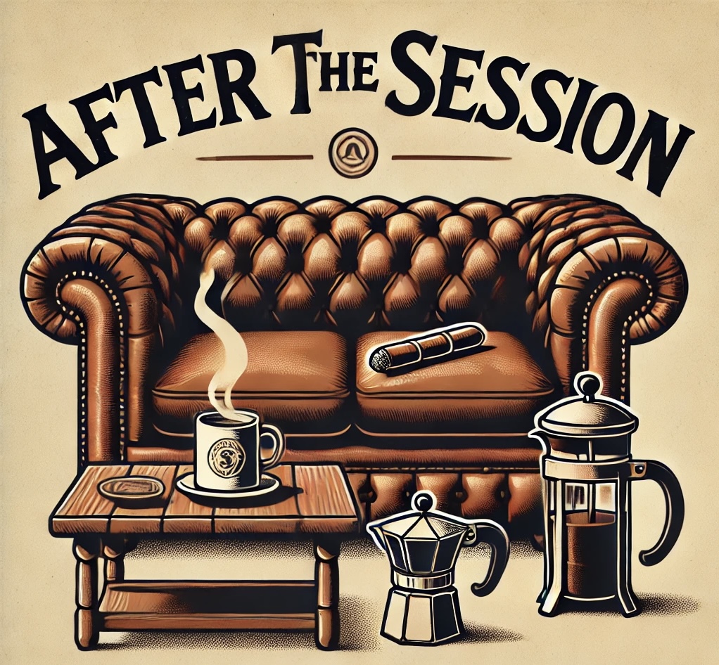 Couch with coffee, cigarette, and coffee maker on table, with text 'After the Session' above, in a vintage style. Word count: 20