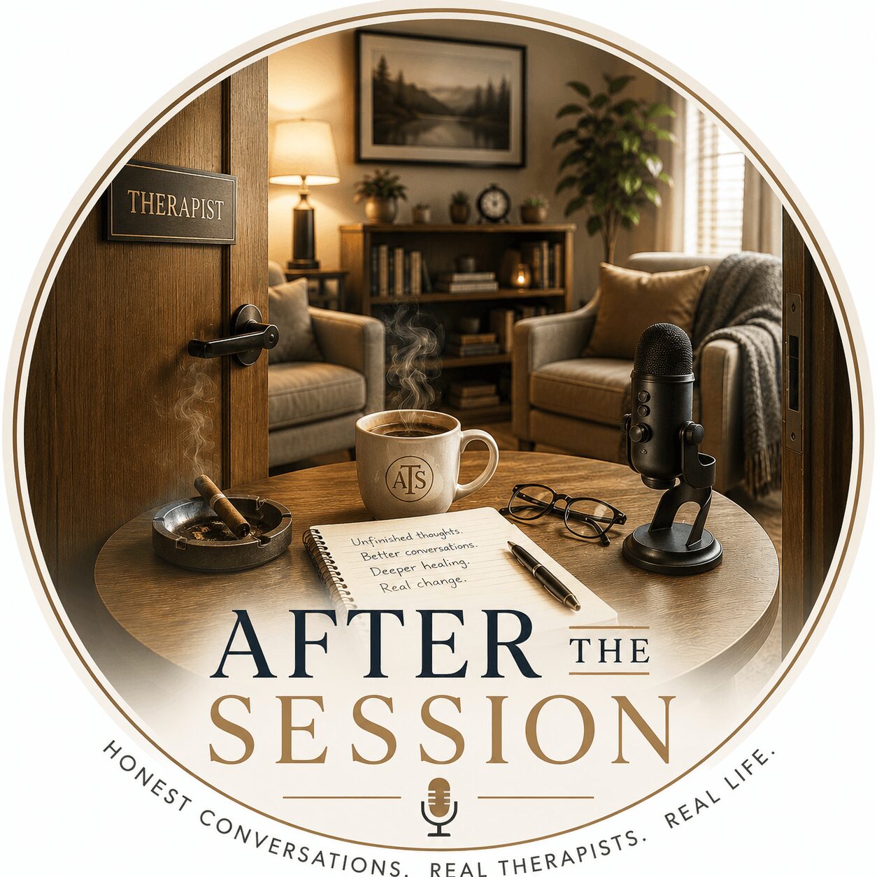 Therapist's office with a table, coffee mug, microphone, glasses, and notes, inviting after-session conversations, cozy seating, and warm lighting.