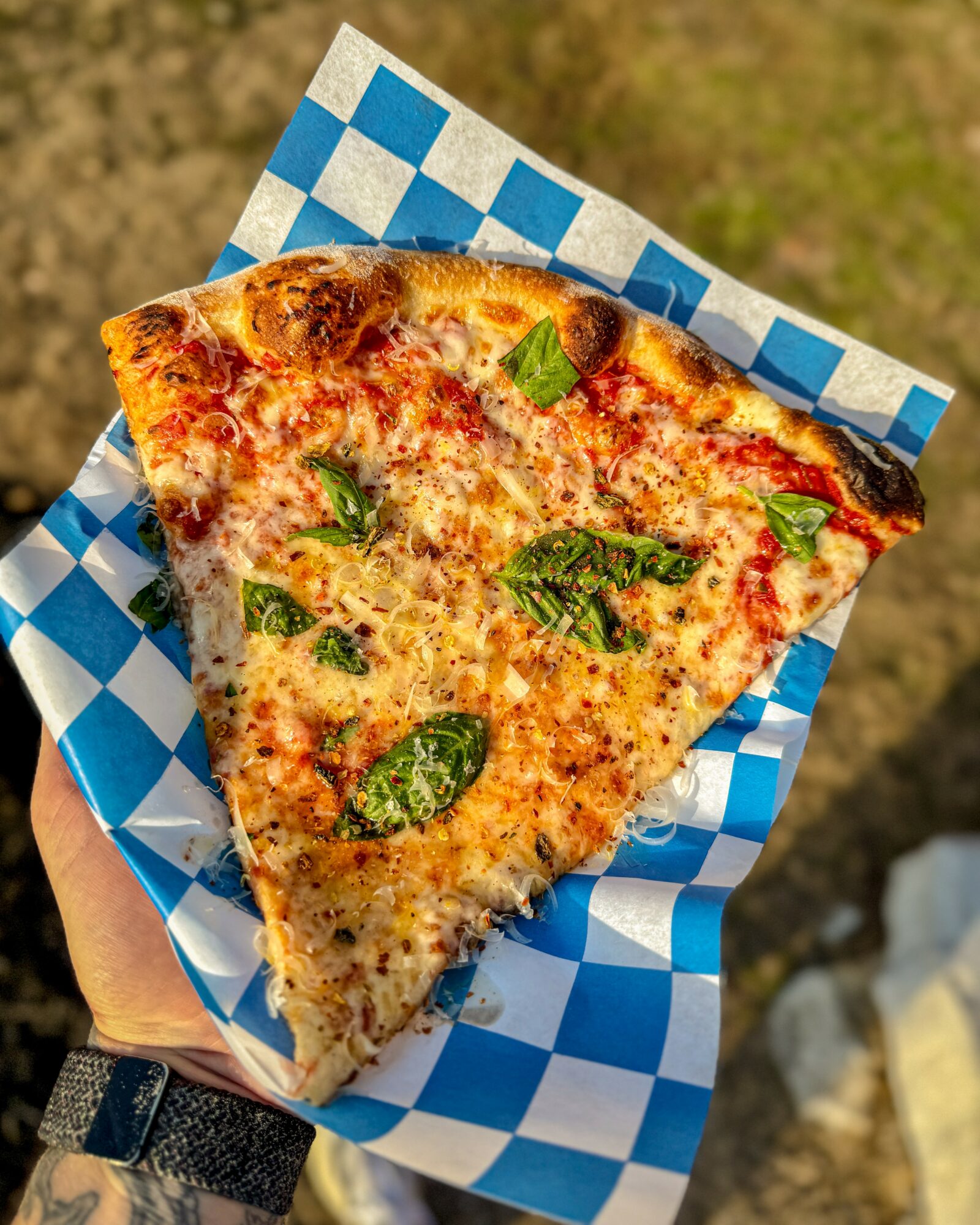 A slice of pizza with cheese, tomato, and basil on blue checkered paper, outdoors on grass.