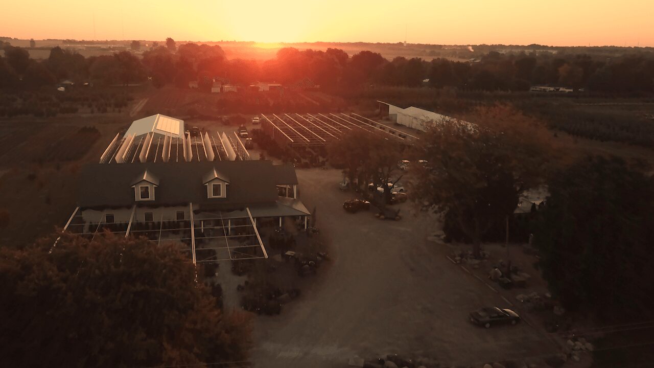 Sunset over a rural area with a building, trees, and open fields, with a dirt road leading to the building.