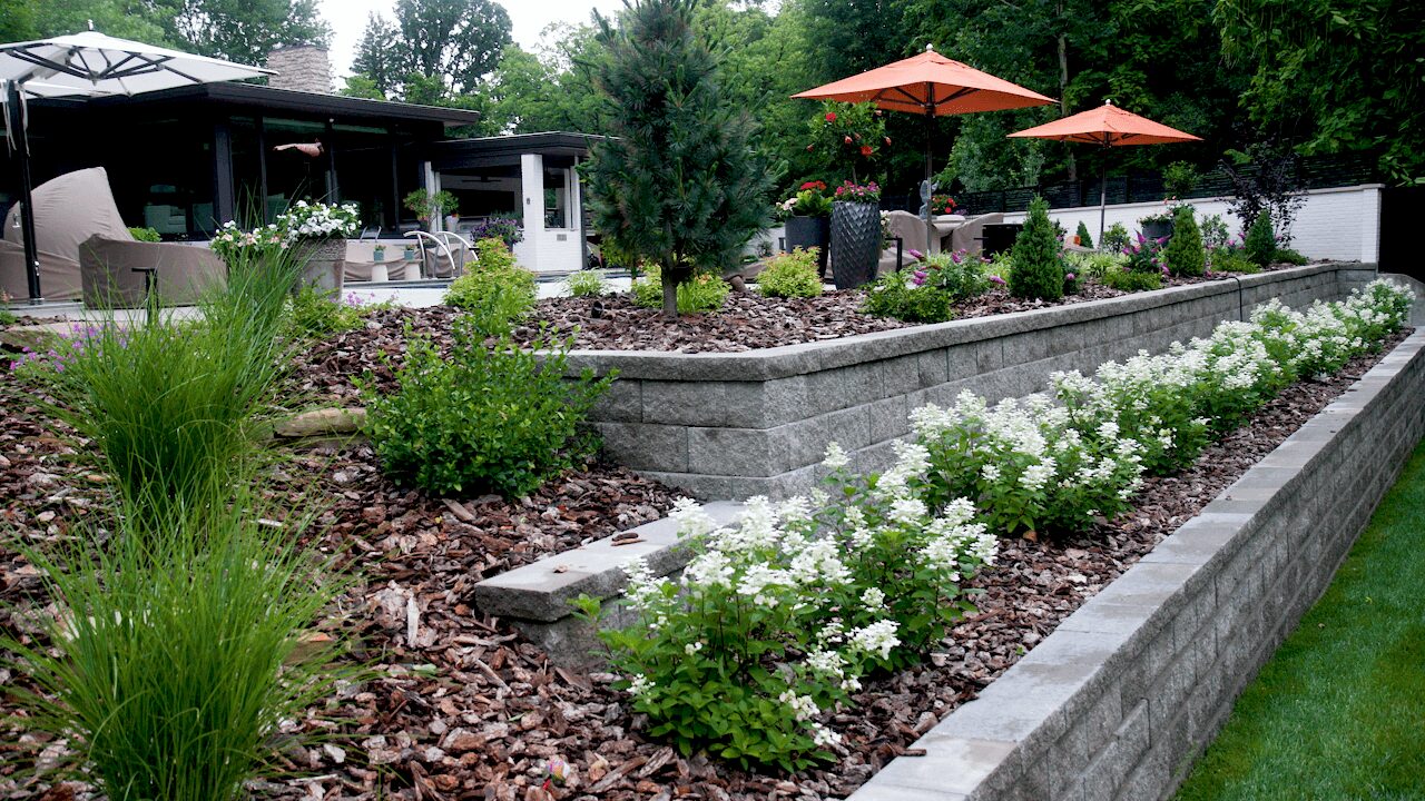 Garden with white flowers, green shrubs, and orange umbrellas on a patio, bordered by a stone wall, with a house in background.