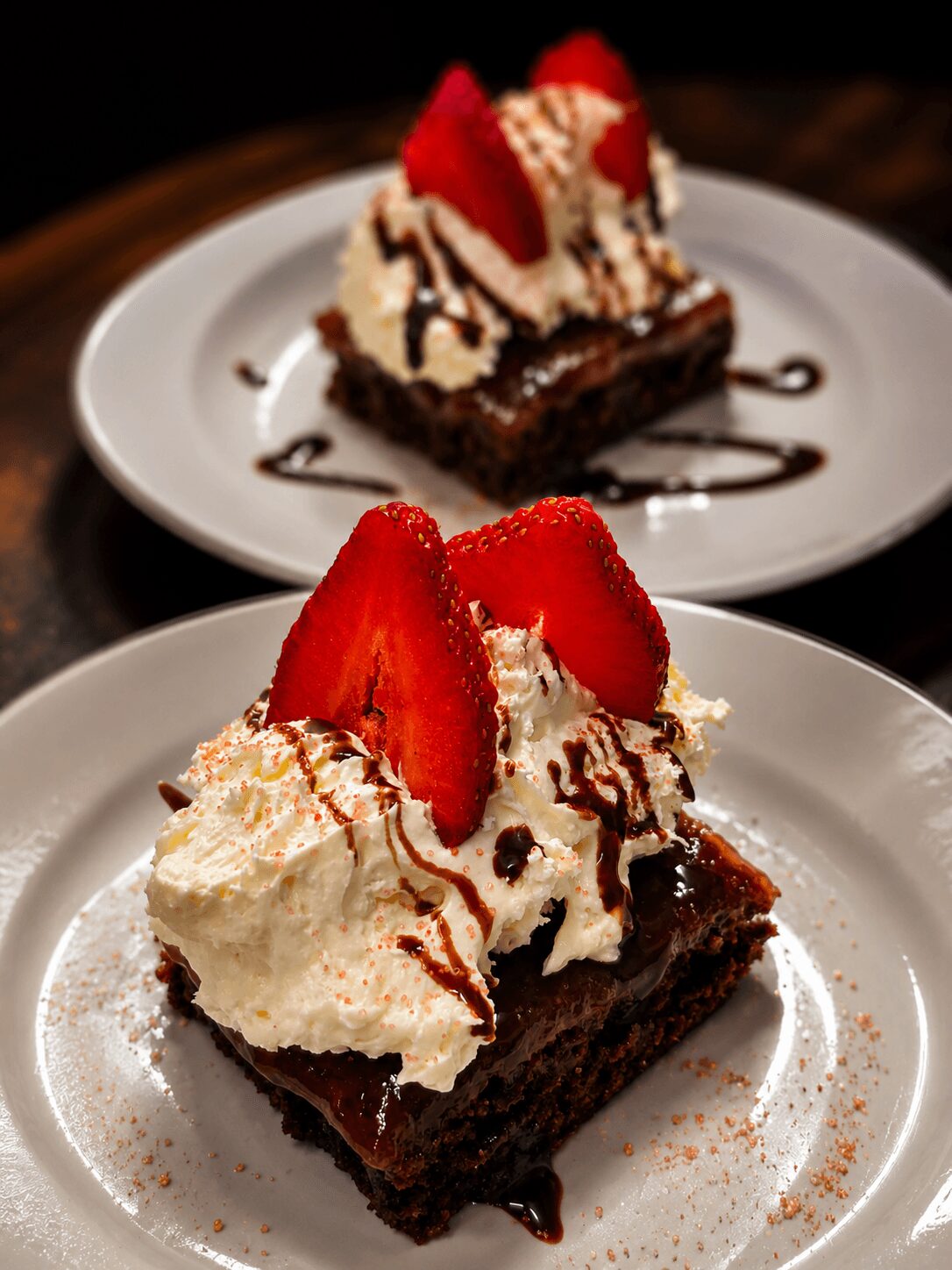 Chocolate brownie topped with whipped cream, strawberries, and chocolate drizzle on a white plate.