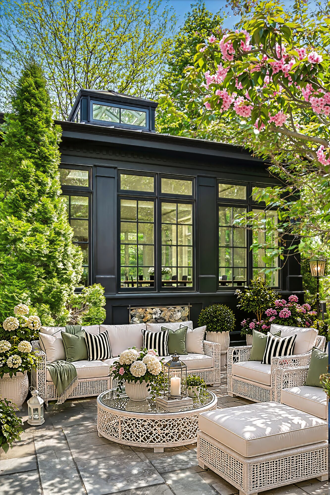 Outdoor patio with white furniture, floral arrangements, and a black-framed glass building surrounded by greenery and pink flowering trees.