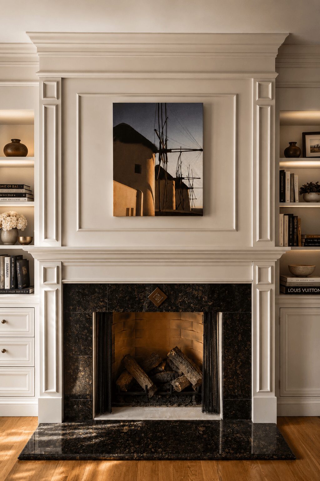 Fireplace with black marble surround and a painting of a building and crane above, flanked by built-in shelves with books and decor.