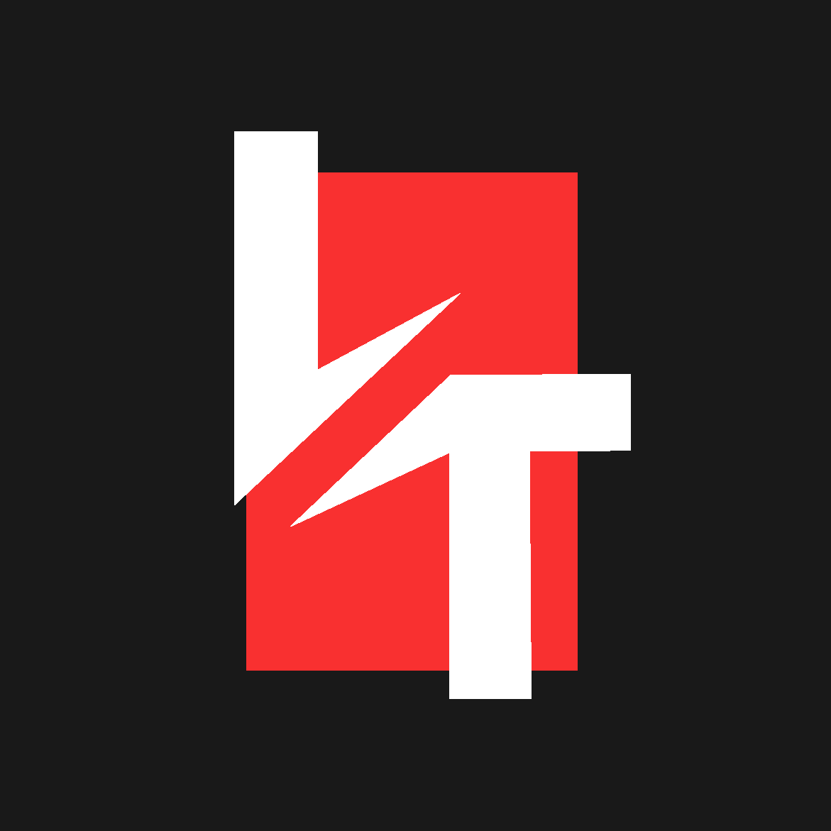 Stylized logo with white and red geometric shapes on a black background, resembling letters or symbols.