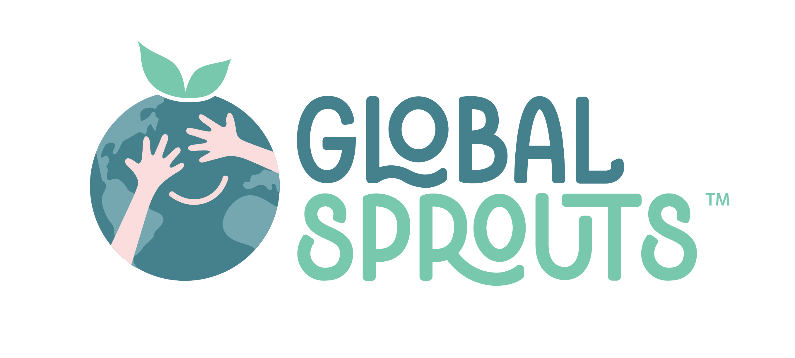 Logo with a globe, two hands, and a sprout, with the text 'Global Sprouts' on a black background.