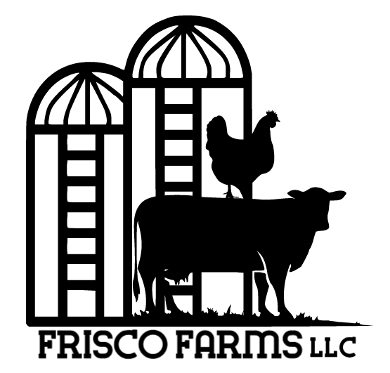 Silhouette of farm animals in front of two greenhouses, with text 'FRISCO FARMS LLC' below.