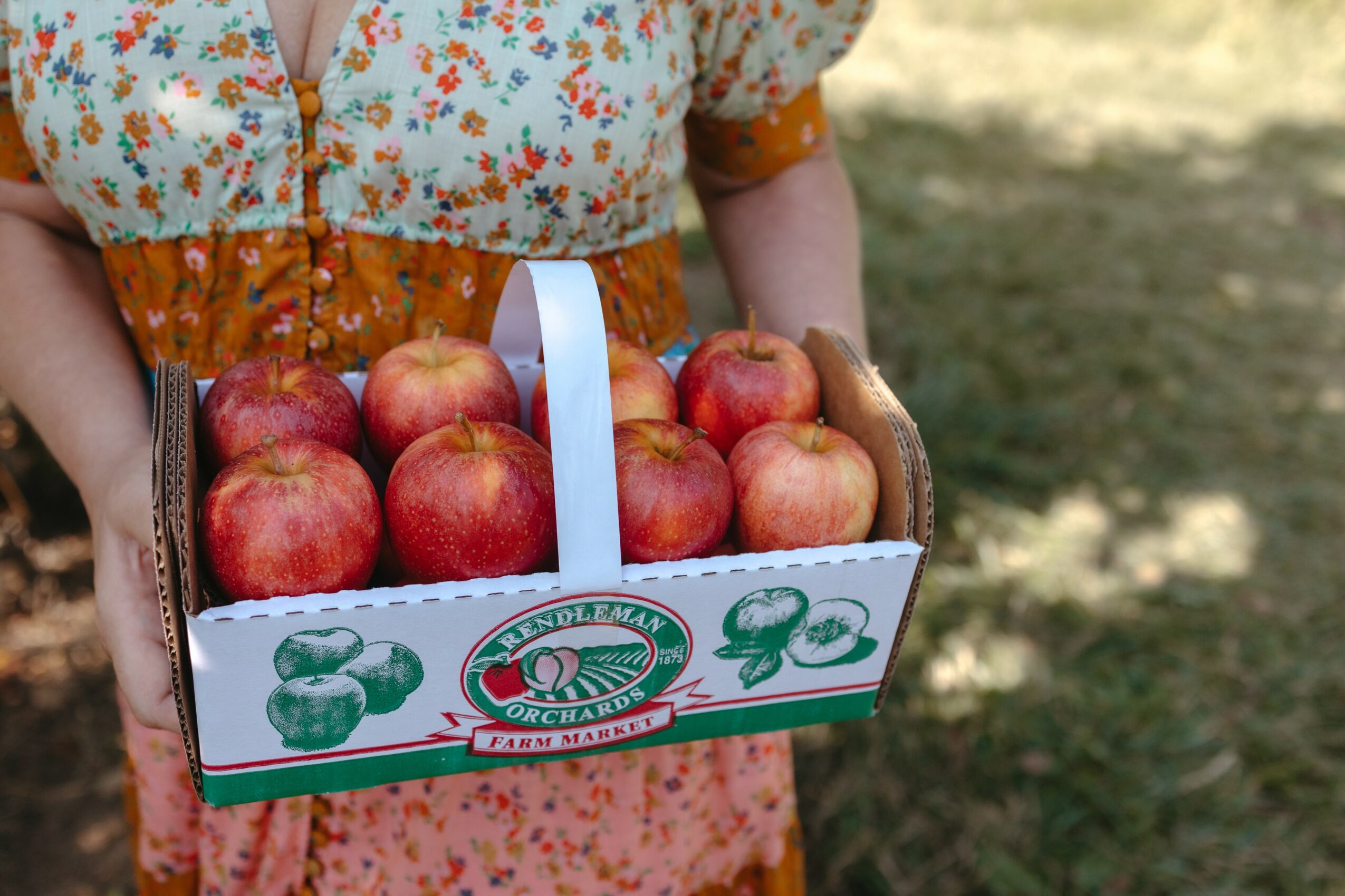 Person holding a box of apples outdoors, wearing a floral dress with orange accents.