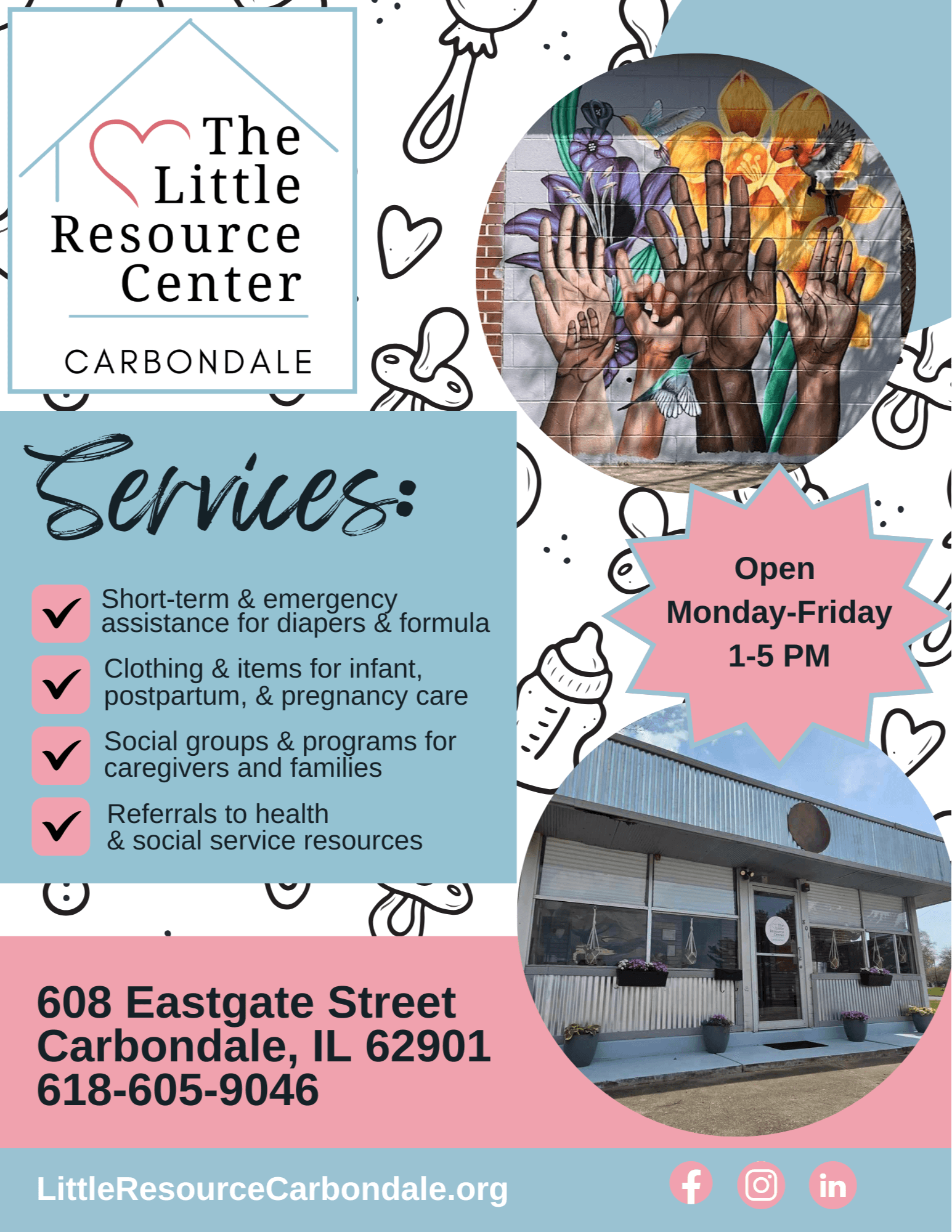 Flyer for The Little Resource Center in Carbondale, Illinois, showing services, address, hours, and contact information.