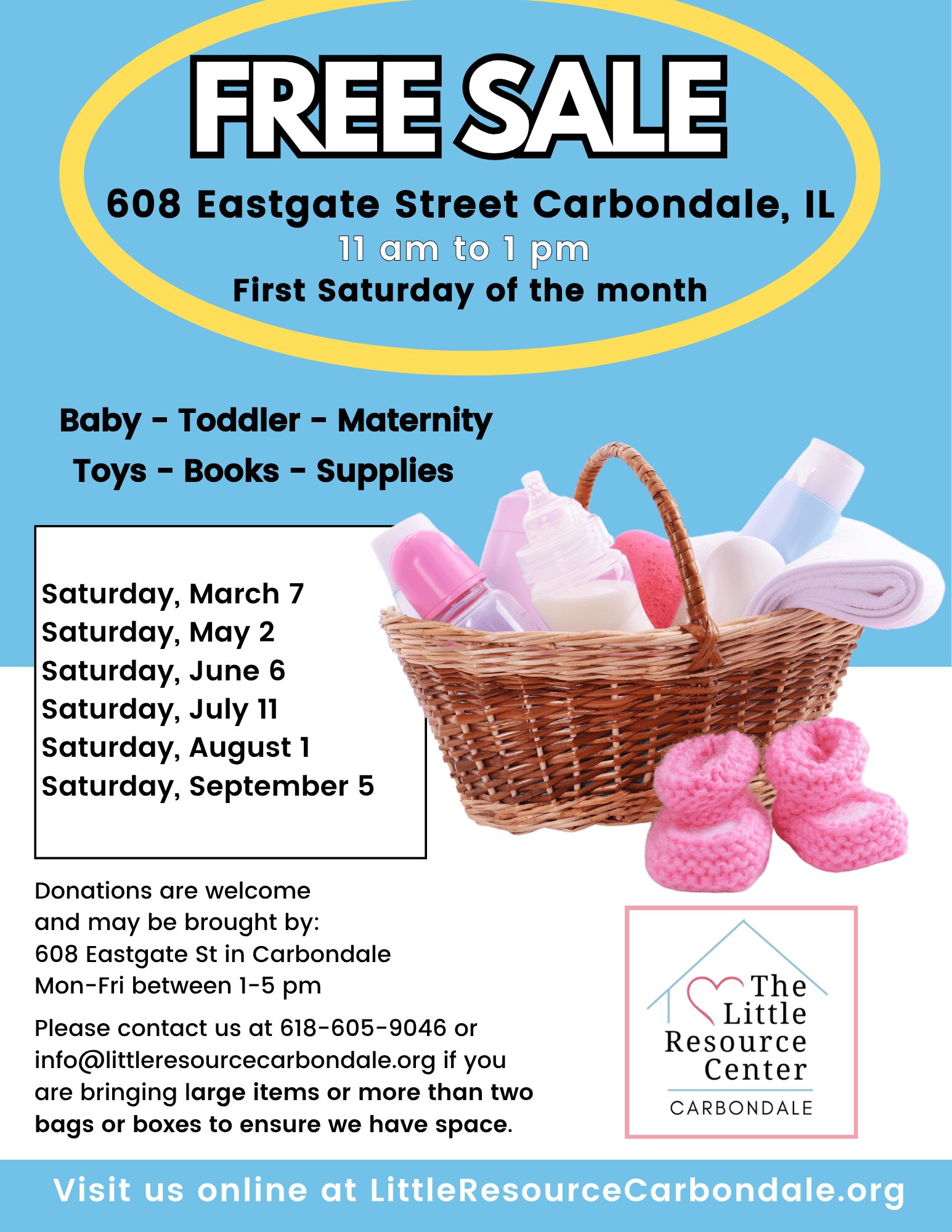 Flyer for a free sale event at 608 Eastgate Street, Carbondale, IL, with a basket of baby items and sale dates listed.