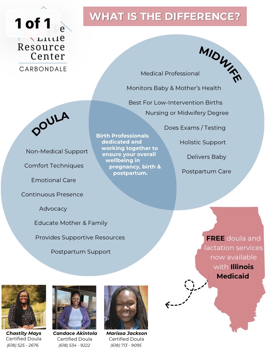 Venn diagram comparing midwife and doula roles, with a map of Illinois and a woman with children, 20 words.