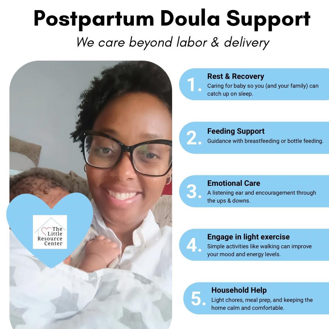 Smiling woman holding a baby, supporting postpartum doula services, with a list of support categories including rest, feeding, emotional care, exercise, and household help.