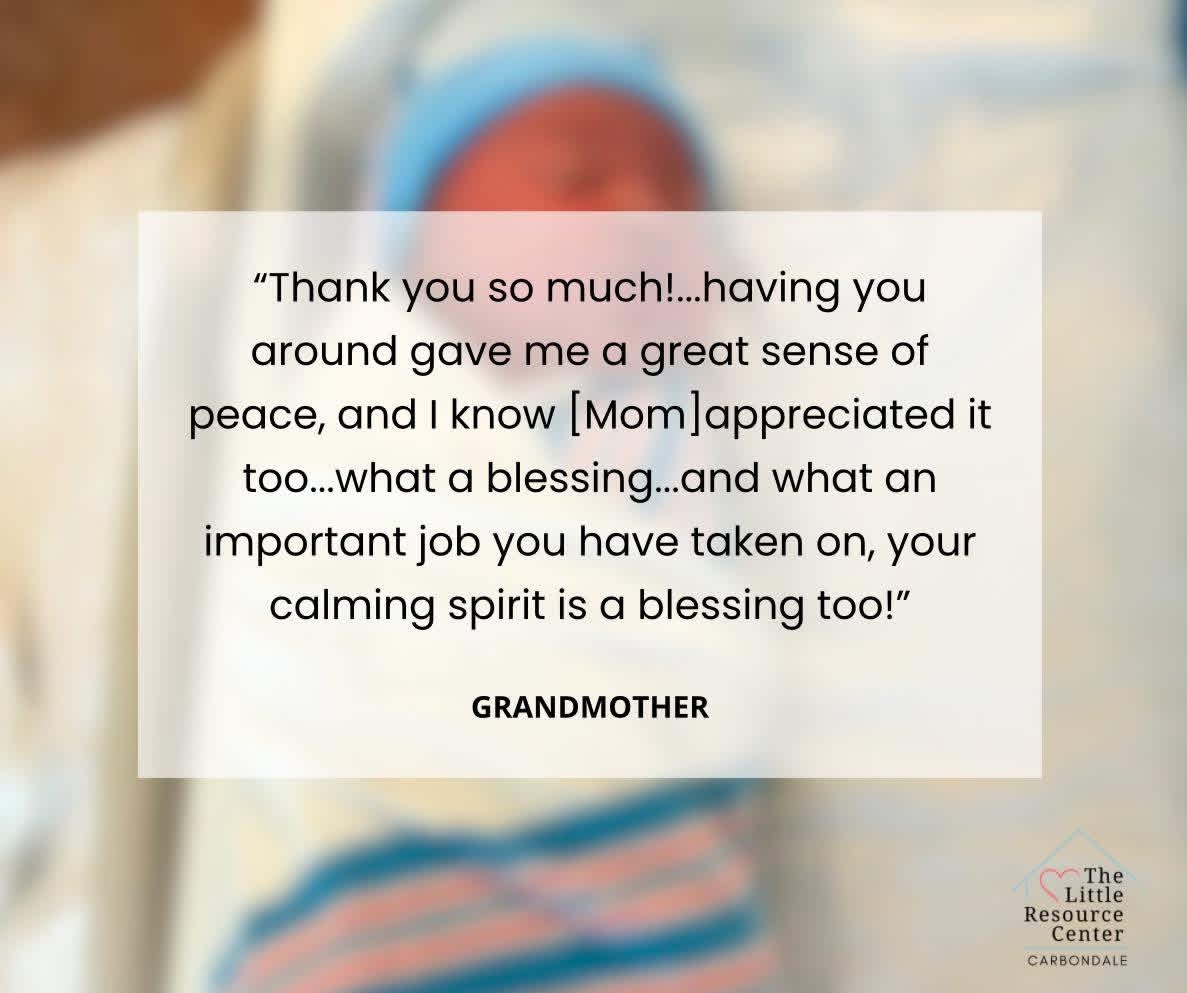 A newborn baby wrapped in a blanket with a quote about gratitude and calming spirit from a grandmother.