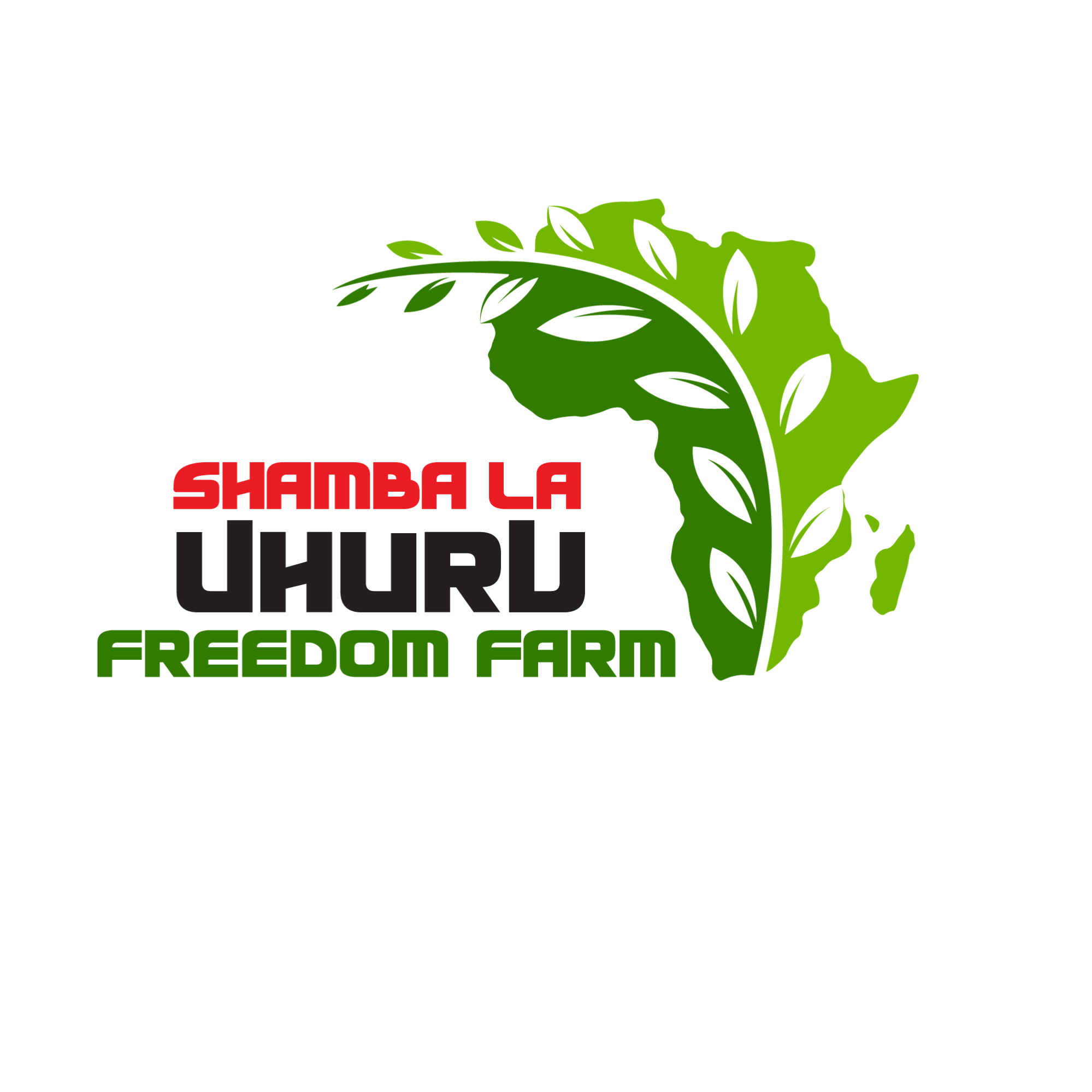 Logo with a green leaf and map of Tanzania, with red, black, and green text reading 'Shamba La Uhuru Freedom Farm'.